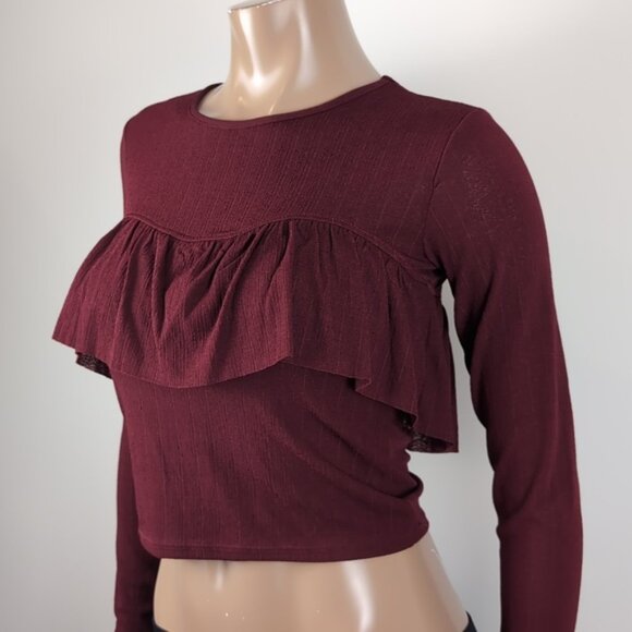 3/$20 Zara W&B Collection Maroon Long Sleeve Crop Top Tiered Ruffle Flounce Fall - Picture 4 of 11